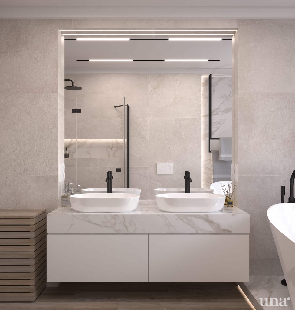 projekt łazienki z blatem marmurowym czarna armatura