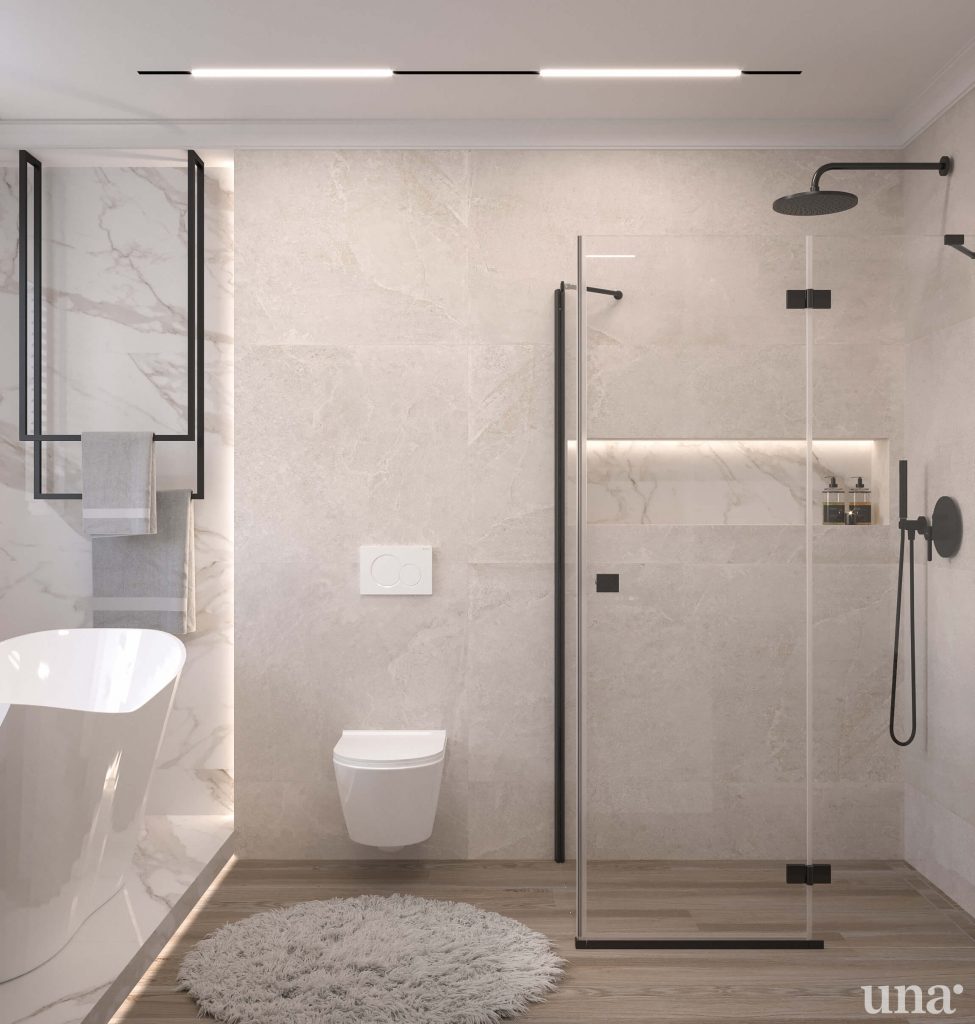 projekt łazienki szynoprzewody wpuszczane, czarne dodatki