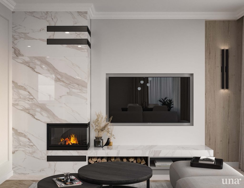 projekt wnętrza salonu z kominkiem, marmurowa zabudowa