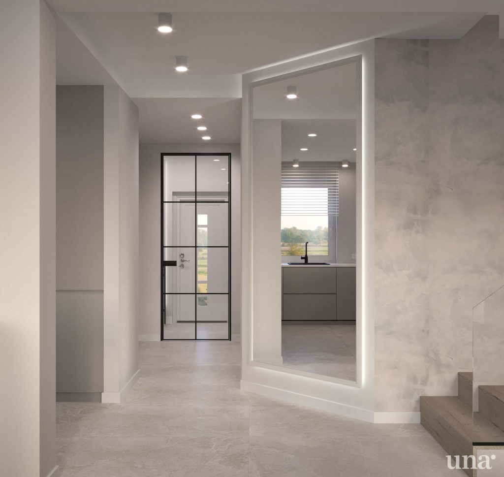 projekt wnętrza korytarza duże lustro podświetlane