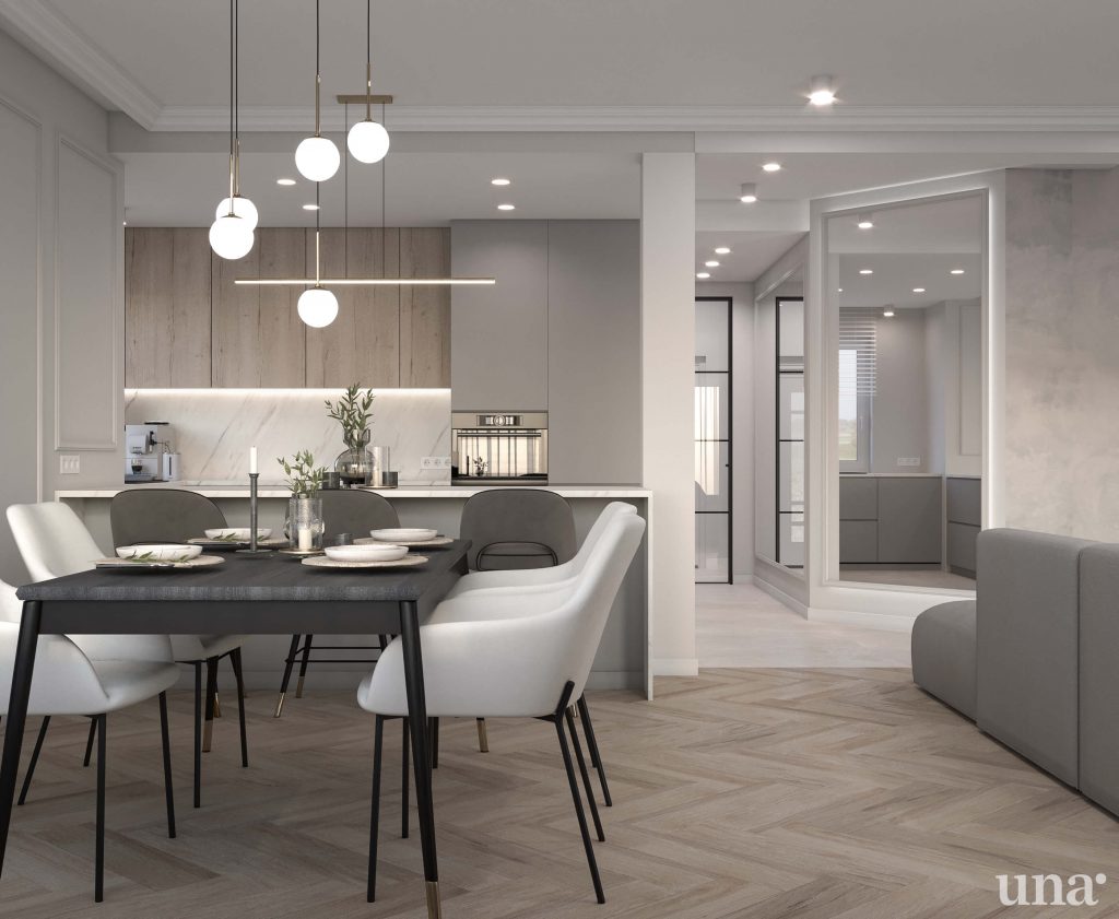 projekt salonu z jadalnią, otwarta kuchnia stół czarny drewniany