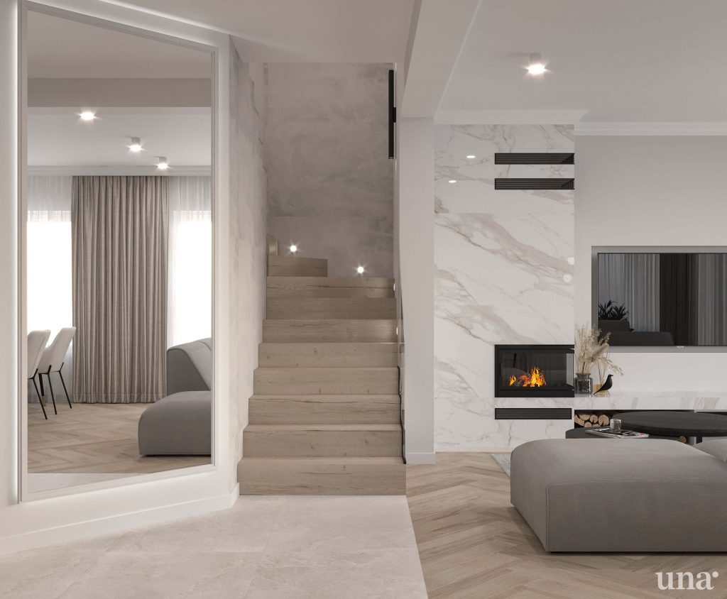 projekt salonu z drewnianymi schodami i kominkiem