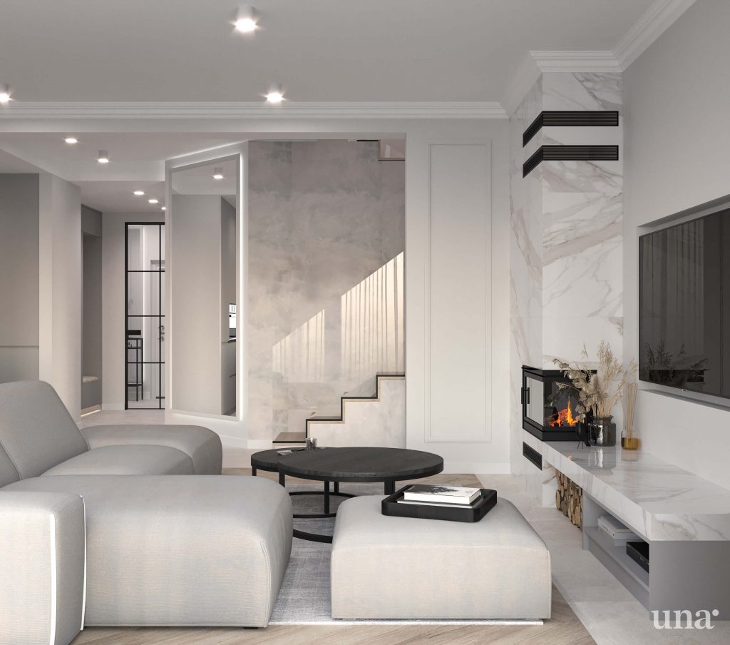 jasny salon ze sztukaterią i kominkiem