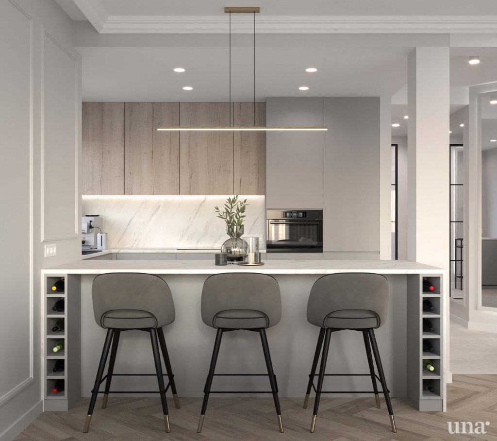 projekt kuchni z wyspą i hokerami