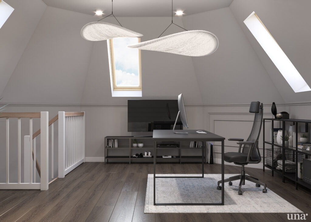 home office, czarne biurko lampy wiszące schody